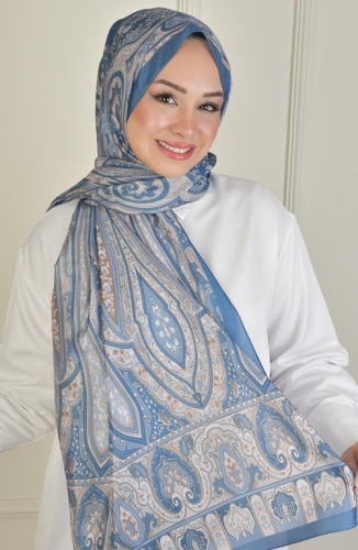 BURDEN İPEK - Retro Vual Desenli Şal Krem - Mavi