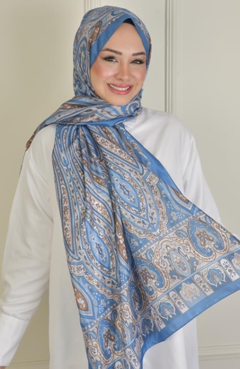 BURDEN İPEK - Retro Vual Desenli Şal Mavi