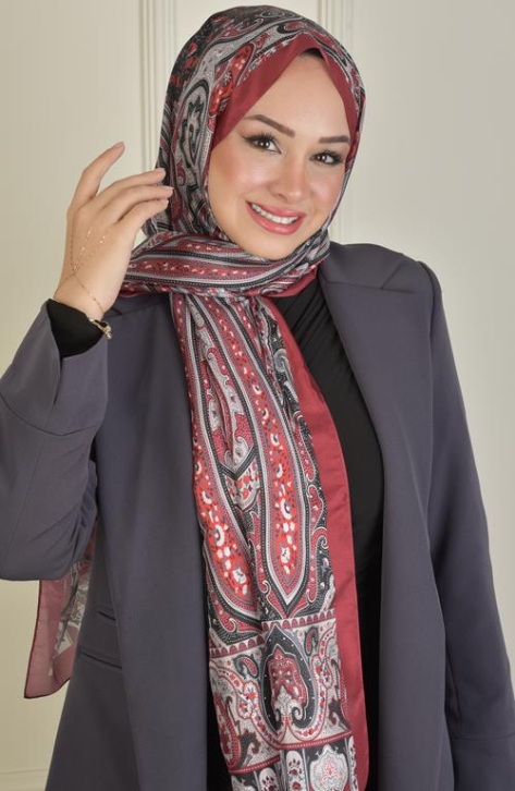 BURDEN İPEK - Retro Vual Desenli Şal Siyah - Bordo