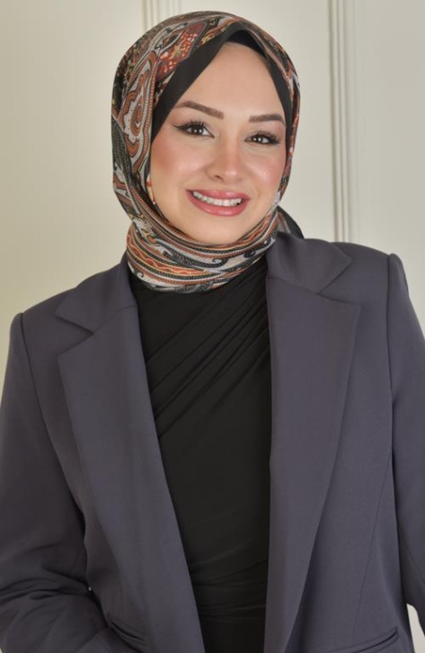 BURDEN İPEK - Retro Vual Desenli Şal Siyah - Turuncu