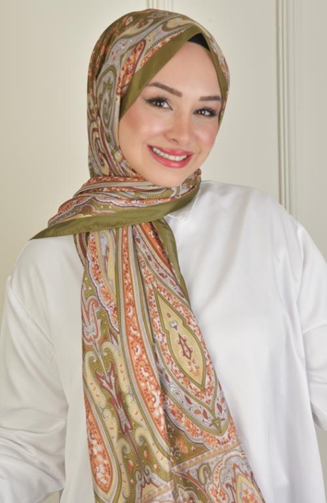 BURDEN İPEK - Retro Vual Desenli Şal Yağ Yeşili