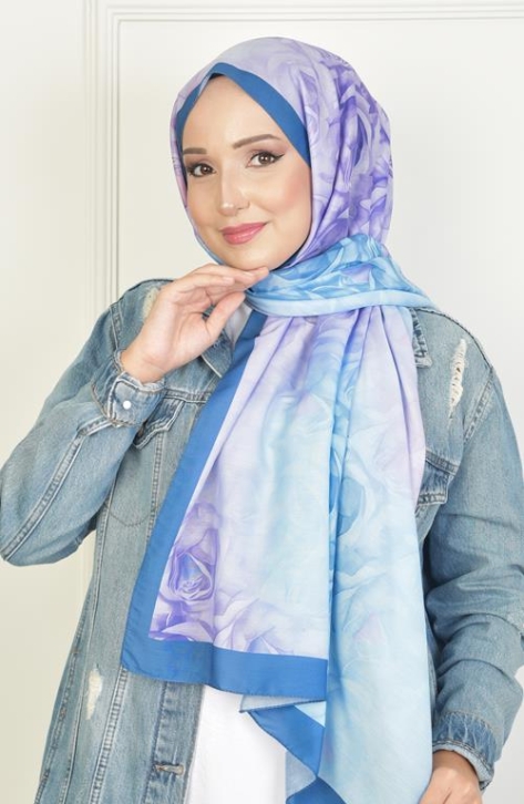 BURDEN İPEK - Rosebud Soft Pamuksu Desenli Şal İndigo