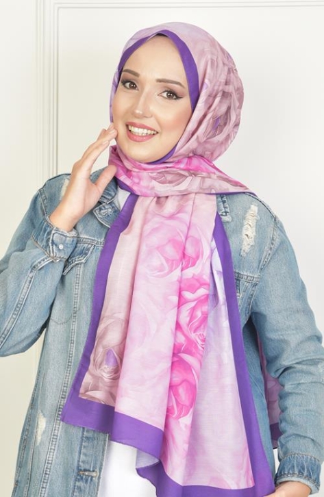 BURDEN İPEK - Rosebud Soft Pamuksu Desenli Şal Mor