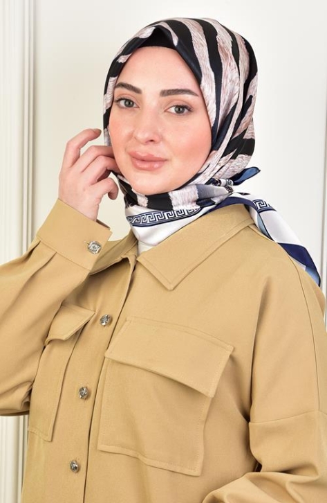 BURDEN İPEK - Twill Zebra Pattern Scarf Navy Blue